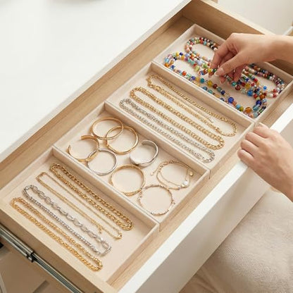 12 Pcs Velvet Jewelry Tray, 8.3x5x1 Inches Stackable Jewelry Drawers Organizer Trays JewelryStorage Display Trays for Necklace, Earring, Ring, Bracelet (Beige)