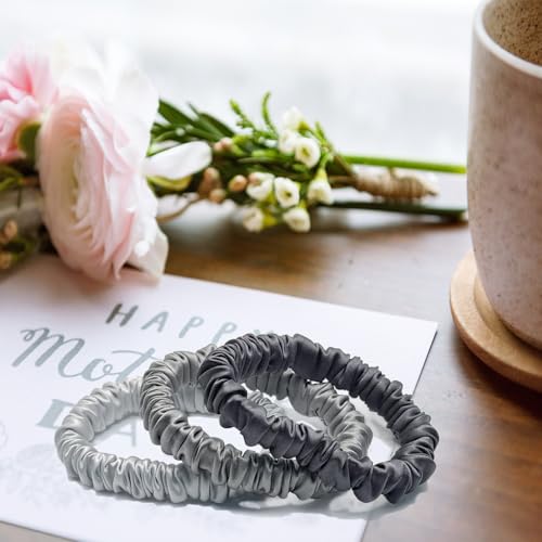 VLOMOT 3 Pcs Set 100% Pure Mulberry Silk Hair Scrunchies (Grey) | Silk Hair Ties for Thin Hair with 3 Chic Colors Everyday Skinny Scrunchies Silk Ponytail Holders Hair Care No Damage - color: Grey