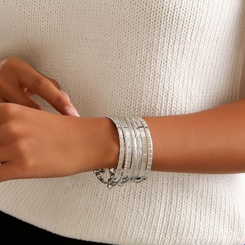 Gold Bangles for Women, 12 Pcs Boho Stackable Bracelets Multi Layer Textured Chunky Bracelets Jewelry Set for Women - color: 7 pcs silver bangles