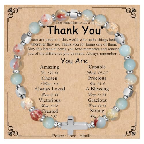 Natural Stone Stretch Bracelet for Women - Holy Water Elastic Cross Bracelet | Christmas Christian Baptism Gift, Meaningful Gifts, Unique Gift for Friends Mom Daughter Sister - style: cross-Thank you