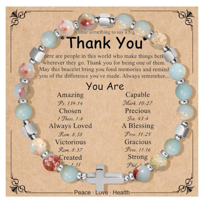Natural Stone Stretch Bracelet for Women - Holy Water Elastic Cross Bracelet | Christmas Christian Baptism Gift, Meaningful Gifts, Unique Gift for Friends Mom Daughter Sister - style: cross-Thank you