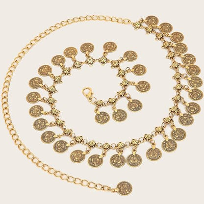 Women Waist Chain Gold Coin Belt Body Chain Metal Link Multilayer Pendant Waist Belt for Prom Party Festival