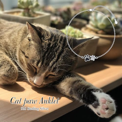 925 Sterling Silver Anklet Foot Bracelet with Crystal from Austria, Anklet Jewelry Gifts for Women 11 Inch Adjustable - style: Cat Paw