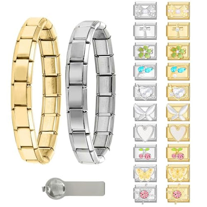 Italian Charms Bracelet Sets with 1Pcs Starter Brascelet 9Pcs Charms 9mm Italian Modular Charm Bracelet DIY Module Jewelry Gifts - color: B-Starter Bracelet Set-GoldSilver