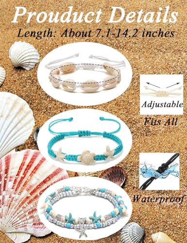 12Pcs Shell Turtle Ankle Bracelets Handmade Seashell Bead Starfish Cowrie Dolphin Adjustable Layered Anklets for Women Boho Hawaii Summer Beach Foot Jewelry - style: B: Shell
