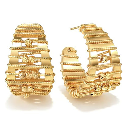 Chunky Hoop Earrings for Women 18K Gold Plated Chunky Gold Hoops Silver Plated Bold Statement Open Hoop Earrings Handmade Hypoallergenic Jewelry Gift - color: 02gold hoops