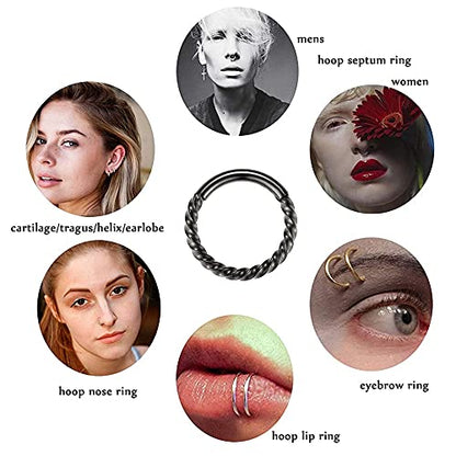 MissNity 316L Surgical Steel Hinged Nose Rings Hoop 20G 18G 16G 14G, Diameter 6mm to 10mm, Color Gold - Rose Gold - Silver - Black - Rainbow - color: C21: Black - 1pc