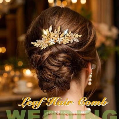 JAKAWIN Gold Hair Accessories Leaf Wedding Hair Piece Bridal Hair Comb | Crystal Hair Clip for Women - color: Gold