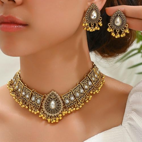 Frodete Indian Jewelry Sets for Women Traditional Bohemian Wedding Jewelry Set Indian Dresses for Women Oxidized Ethnic Party Prom Wear - color: B1:silver indian necklace earring sets