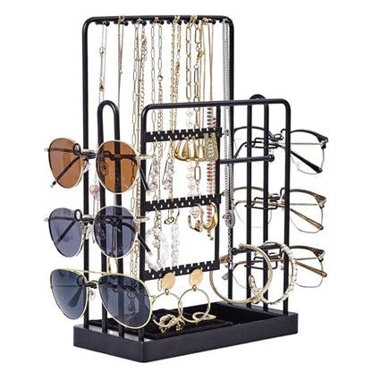 Jewelry Stand Holder Organizer, Sunglass Organizer for 6 Pairs of Eyewear Display, 3 Tier Jewelry Stand Necklace Holder, Gift for Women, Jewelry Holder for Necklace, Earring, Bracelet, Ring