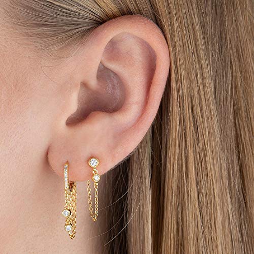 Round CZ Chain Dangle Drop Small Hoop Cuff Earrings S925 Sterling Silver for Women Cartilage Sensitive Ears Fashion Crystal Threader Tassel Hanging Personalized Huggie Hoops Gifts