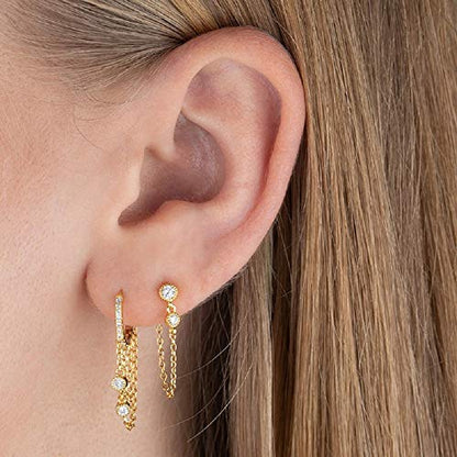 Round CZ Chain Dangle Drop Small Hoop Cuff Earrings S925 Sterling Silver for Women Cartilage Sensitive Ears Fashion Crystal Threader Tassel Hanging Personalized Huggie Hoops Gifts