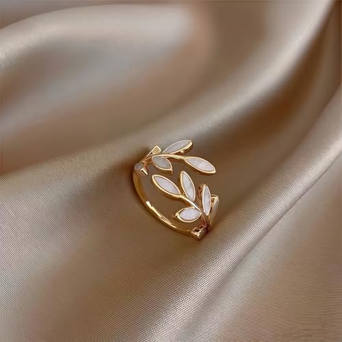 Mettclasi Women's 14K Gold Plated Stackable Ring Crystal Inlaid Dainty Trendy Cute Adjustable Open Twist Rings Jewelry Gifts - style: Leaf