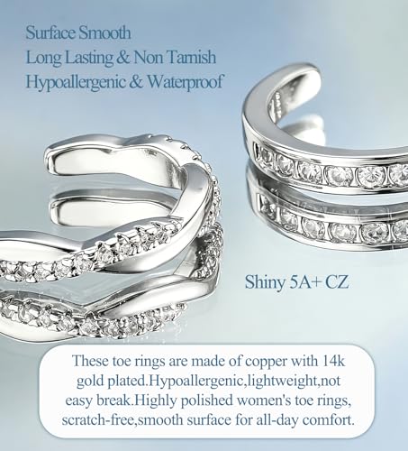 WAINIS 18Pcs Toe Rings for Women | 14K Gold Silver Plated Adjustable Toe Ring,Non Tarnish Simple Hug CZ Triple Open Band Toe Rings,Summer Beach Foot Jewelry - color: silver1