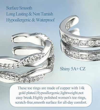 WAINIS 18Pcs Toe Rings for Women | 14K Gold Silver Plated Adjustable Toe Ring,Non Tarnish Simple Hug CZ Triple Open Band Toe Rings,Summer Beach Foot Jewelry - color: silver1