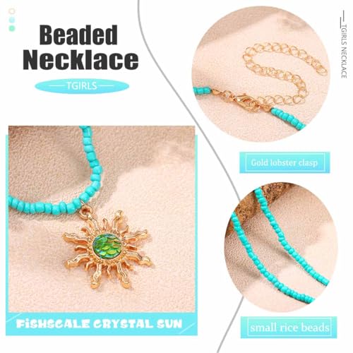 Tgirls Boho Beaded Choker Necklace Opal Bead Necklace Sun Pendant Summer Jewelry for Women - color: Turquoise