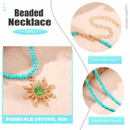 Tgirls Boho Beaded Choker Necklace Opal Bead Necklace Sun Pendant Summer Jewelry for Women - color: Turquoise