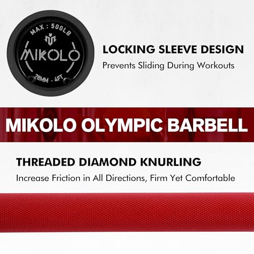 Mikolo EZ Curl Bar, 2 Inch Olympic Curl Bar for Biceps and Triceps, 47” Curling Bar with Knurled Grip, 700LB Barbell Bar with Multi-Angle Wrist-Friendly Design - color: Red - 4ft Straight Bar - Bar Only