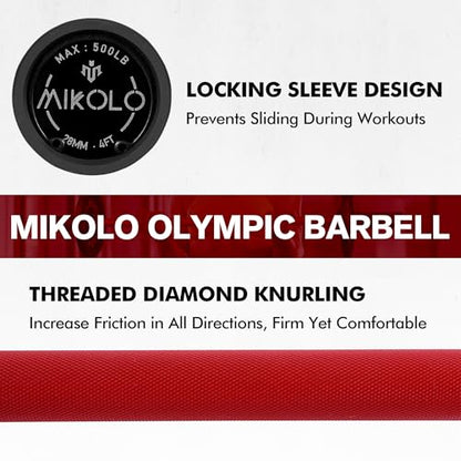 Mikolo EZ Curl Bar, 2 Inch Olympic Curl Bar for Biceps and Triceps, 47” Curling Bar with Knurled Grip, 700LB Barbell Bar with Multi-Angle Wrist-Friendly Design - color: Red - 4ft Straight Bar - Bar Only