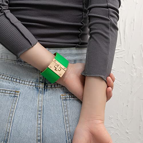 Rantanto Leather Wrap Bracelets For Women Gold Twist Lock Buckle Wrist Cuff | PU leather,Skin-friendly,Boho Stackable Wristband,Fashion Daily Jewelry,Trend Casual Party Bangle,Fit For Birthday, Holiday - color: Wide Green