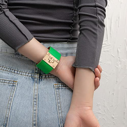 Rantanto Leather Wrap Bracelets For Women Gold Twist Lock Buckle Wrist Cuff | PU leather,Skin-friendly,Boho Stackable Wristband,Fashion Daily Jewelry,Trend Casual Party Bangle,Fit For Birthday, Holiday - color: Wide Green