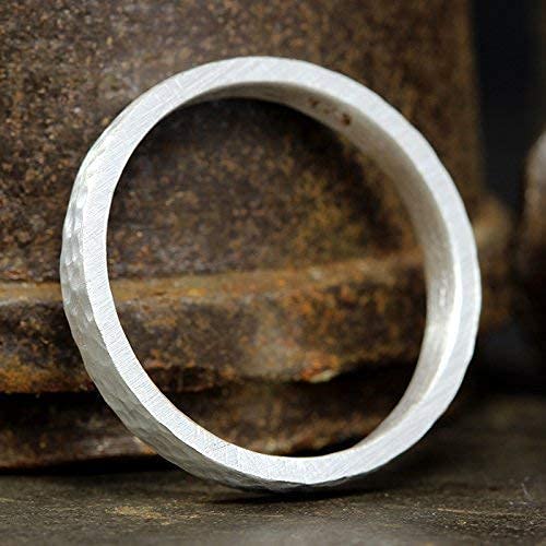925 Sterling Silver Wedding Ring Hammered Flat Pipe Cut Textured Thick & Durable Handmade Unisex Mens & Women Rustic Engagement Promise Band - US Size 4-13 - Custom Engraving - color: 01 - 3mm Silver