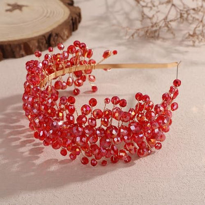 Denifery Large Crystal Headband for Wedding Bridal Hair Band Headpiece for Party Prom Hair Accessories (red) - color: red