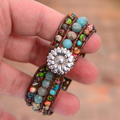 YGLINE Boho Handmade Natural Stone Bead 3 Row Wide Wrap Wrist Statment Bracelet Jewelry Collection - color: regalite ＆agalmatolite