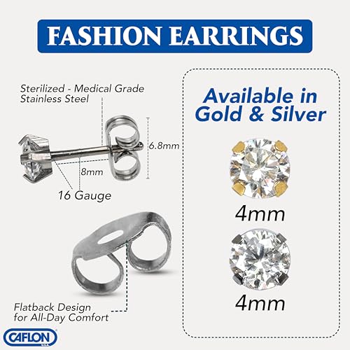 Caflon 24K Gold Plated | Stainless Steel Cubic Zirconia Stud Earrings 4mm | Nickel Safe Hypoallergenic Ear Jewelry | Sparkling Round Silver Tone Crystal Design with Secure Push-Back Closure | Everyday Fashion Jewelry - style: Stainless Steel
