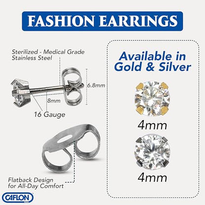 Caflon 24K Gold Plated | Stainless Steel Cubic Zirconia Stud Earrings 4mm | Nickel Safe Hypoallergenic Ear Jewelry | Sparkling Round Silver Tone Crystal Design with Secure Push-Back Closure | Everyday Fashion Jewelry - style: Stainless Steel