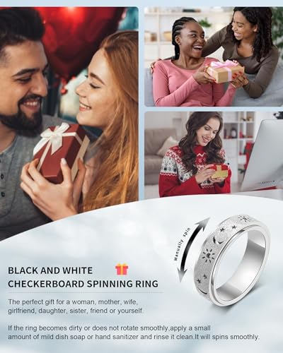 Fidget Toys Adults Anxiety Ring Women Men Stress Relief Band Spinner Sun | Celestial Sun Moon Star Stainless Steel Band Hollowed Sandblasted Surface 6mm Width18K Gold Silver Size 6-10 Unisex - color: Silver, size: Size 9