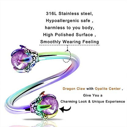 OUFER Twist Helix Earring 316L Stainless Steel Dragon Claw with Opalite Center 16G Twist Lip Labret Cartilage Upper Lobe Piercing Jewelry - color: Rainbow Amethyst