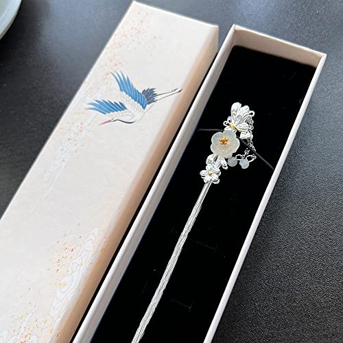 Hotan Jade S925 Silver Plated Hairpin Butterfly with Pearl and Plum Blossom Chinese Hanfu Style Hair Sticks Retro Handmade Hair Clip Hair Accessories for Women Girls Long Hair (Hotan Jade) - color: Hotan Jade