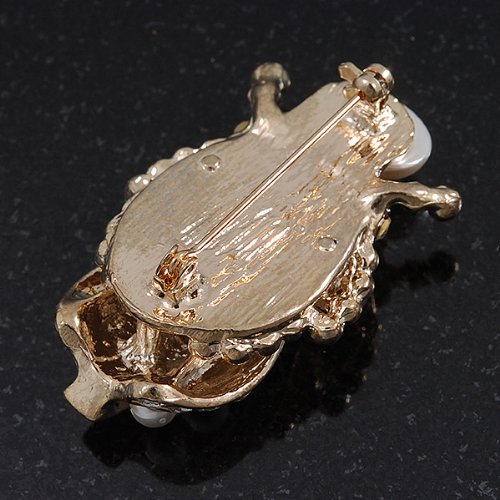Clear Crystal/Simulated Pearl Egyptian 'Scarab' Beetle Brooch In Gold Plating - 4.5cm Length