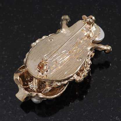 Clear Crystal/Simulated Pearl Egyptian 'Scarab' Beetle Brooch In Gold Plating - 4.5cm Length