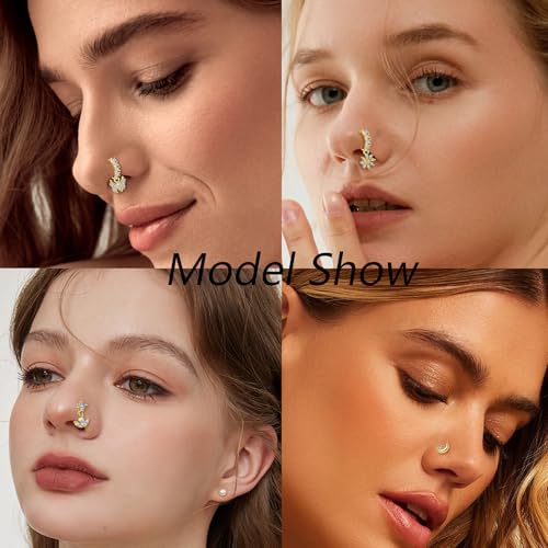 20Pcs Gold/Silver Dangle Nose Ring L Shaped Dangling Nose Stud Stainless Steel Nose Ring Studs CZ Cross Heart Snowflower Butterfly Moon Flower Dangle Nose Rings Hoops Nose Piercing 20G for Women - color: Gold