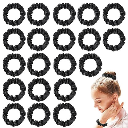 Satin Silk Scrunchies Hiar Ties for Women Girls Ponytail Holders 20 Pcs Mini Black Bulk Scrunchies Elastic Hair Bands for Thick Curly Hair Pony Tails Hair Ties - color: Dark Blak