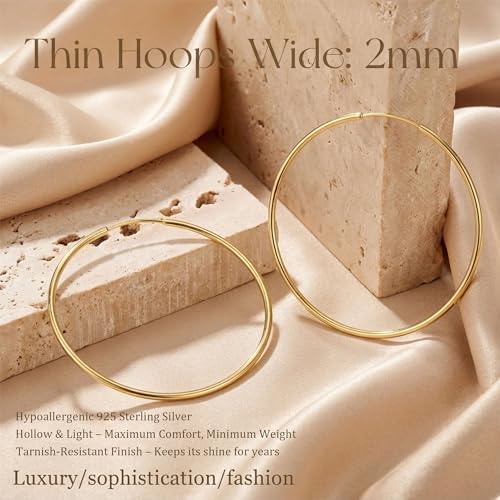 Gold Hoop Earrings for Women Hypoallergenic 925 Sterling Silver Post Hoops Earrings Lightweight Thin Large Big Hoop Earring 30/40/50/60/70mm - color: Gold 50mm