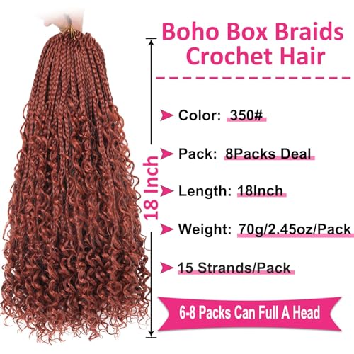Unionbeauty 18 Inch Ginger Boho Box Braids Crochet Hair Goddess Box Braids Crochet Hair 8 Packs Bohemian Box Braids Crochet Hair for Black Woman Curly Braids Synthetic Braiding Hair Extension 350# - color: 350#, size: 18 Inch (Pack of 8)