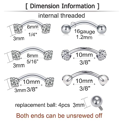 Rook Piercing Jewelry Rook Earrings for Women Eyebrow Rings Surgical Steel Vertical Labret Jewelry 16g 14g Curved Barbell Snug Daith Surface Tragus Piercing Jewelry Silver Gold - color: A4-silver-mix length