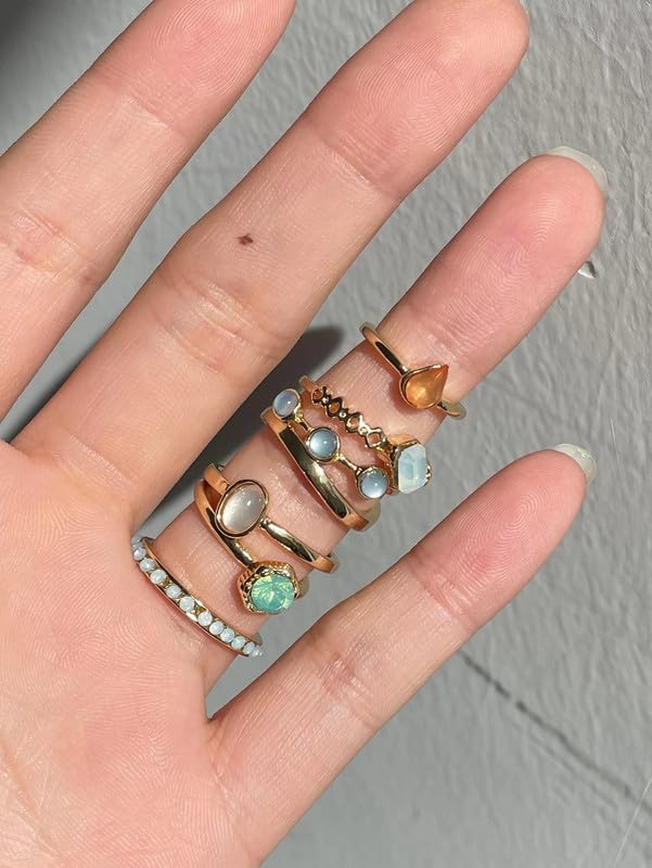 7Pcs Vintage Crystal Knuckle Rings Bohemia Hawaii Stacking Opal Joint Rings Metallic Geometric Beach Retro Jewelry Summer Holiday Birthday Gift for Women Friends (Gold Plated)