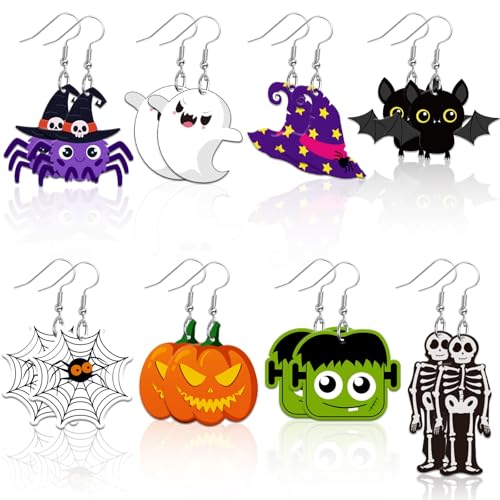 8 Pairs Halloween Acrylic Earrings for Women Spooky Dangle Jewelry | Pumpkin Spider Ghost Witch Hat Earrings, Halloween Jewelry Gifts Party Accessories, Lightweight Acrylic, Double Side - style: Halloween A