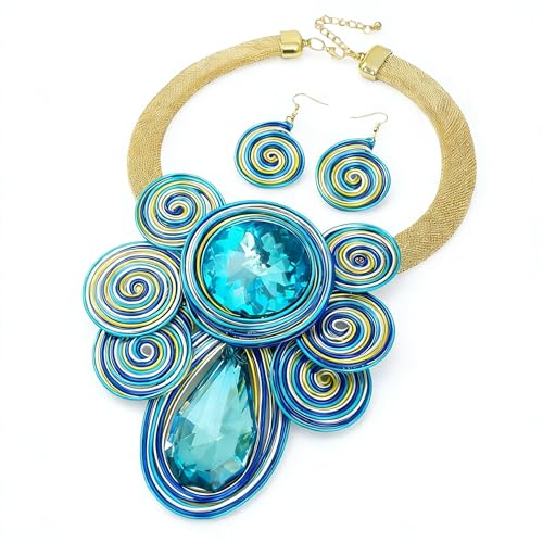 African Jewelry Sets Statement Big Crystal Pendent Necklace Earrings Set For Women Handmade Bib Collar Costume Tribal Fashion Accessories - color: KDLUN5306 Sky Blue