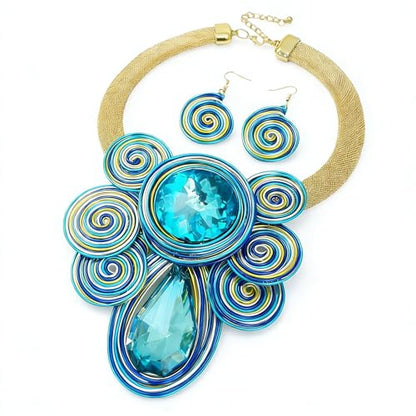 African Jewelry Sets Statement Big Crystal Pendent Necklace Earrings Set For Women Handmade Bib Collar Costume Tribal Fashion Accessories - color: KDLUN5306 Sky Blue