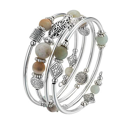 BULINLIN Layered Wrap Bangle Turquoise Bracelet - Bead Bracelet with Natural Agate Stone, Gifts For Women - color: 03-Green