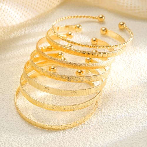 7 Pcs Gold Bangle Bracelets Multi Layer Stackable Cuff Bracelet Set Trendy Elegance Charms Non Tarnish Minimalist Textured Boho Jewelry for Women - color: Gold