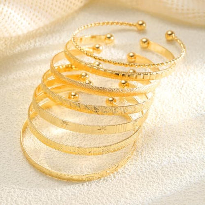 7 Pcs Gold Bangle Bracelets Multi Layer Stackable Cuff Bracelet Set Trendy Elegance Charms Non Tarnish Minimalist Textured Boho Jewelry for Women - color: Gold
