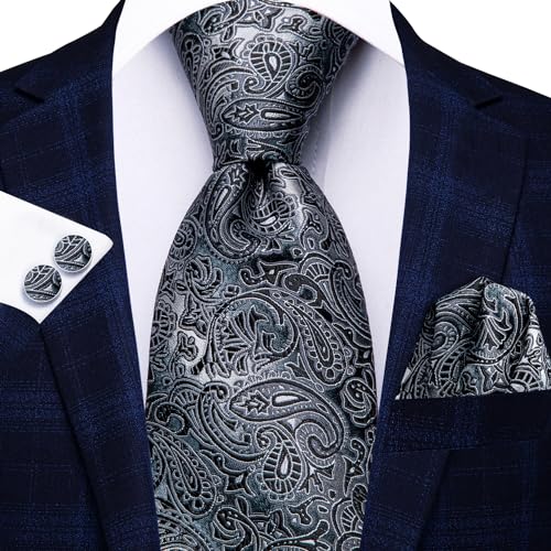 Hi-Tie Men 63inches Tie Set Extra Long Necktie Paisley Tie Pocket Suqare Cufflinks Big and Tall Men Tie - color: Black Grey