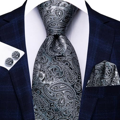 Hi-Tie Men 63inches Tie Set Extra Long Necktie Paisley Tie Pocket Suqare Cufflinks Big and Tall Men Tie - color: Black Grey