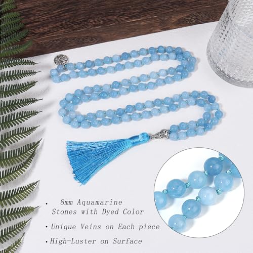 108 Mala Beads Necklace Semi-Precious Gem Stones Meditation Necklace 108 Hand Knotted Japa Mala Beaded Tassel Necklace with Tree of Life Pendant - color: Aquamarine
